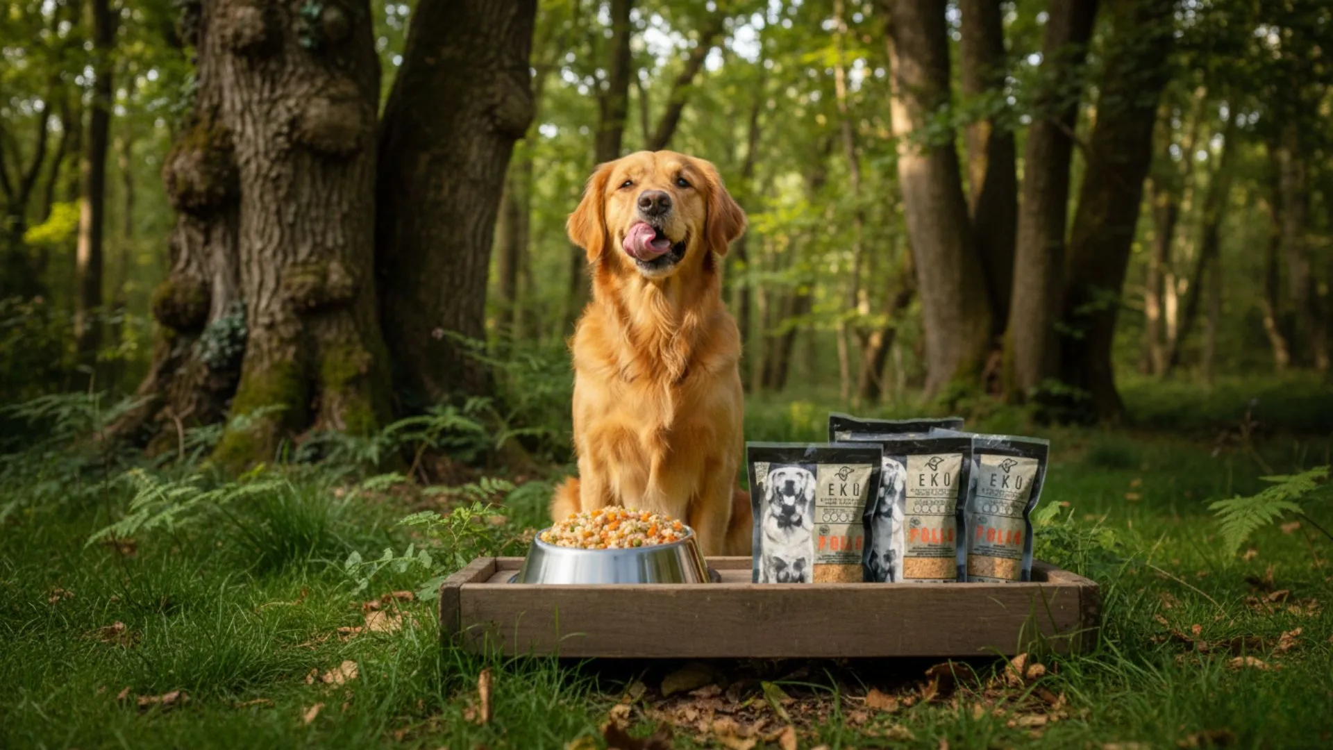 Perro junto a alimento natural EKU